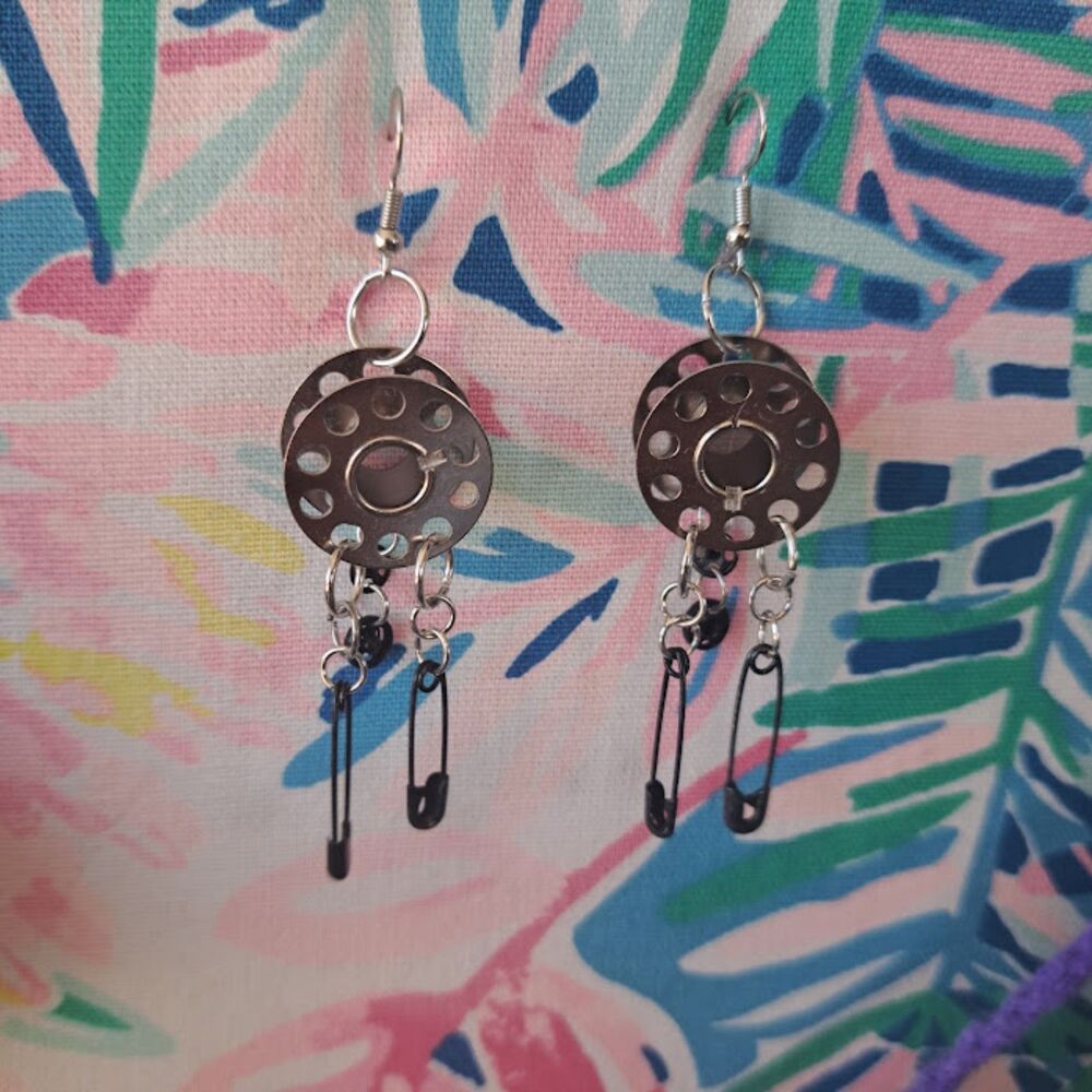 Upcycled Sewing Machine Bobbin Earrings Cyberpunk Punk Quirky Seamstress Gift